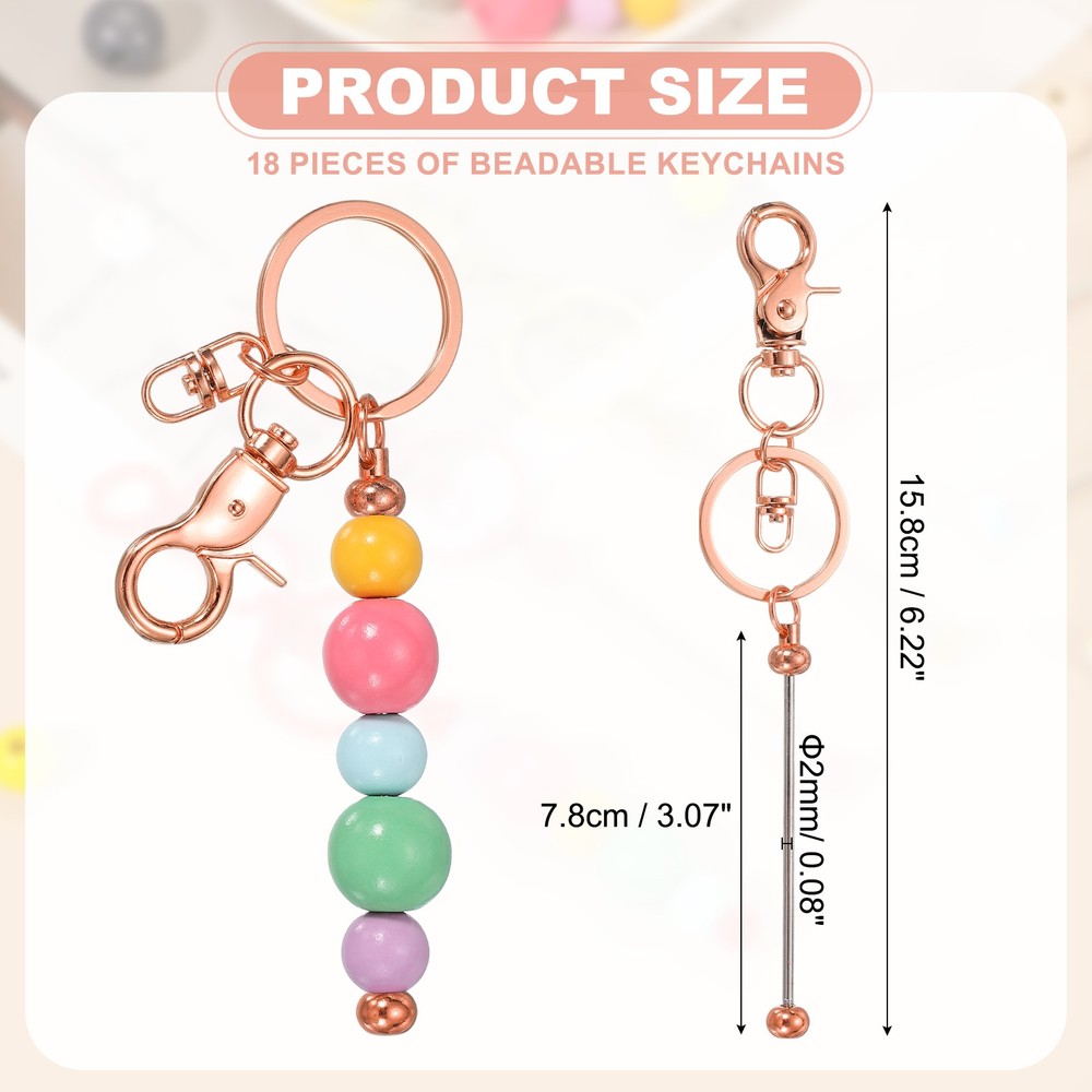 18Pcs Beadable Keychains, DIY Beaded Keychain Making Kit, Rose Gold
