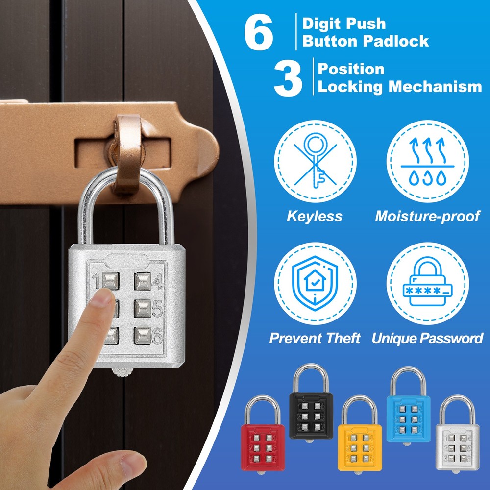 Push Button Combination Padlock 6-Digit 3-Position Lock Silver