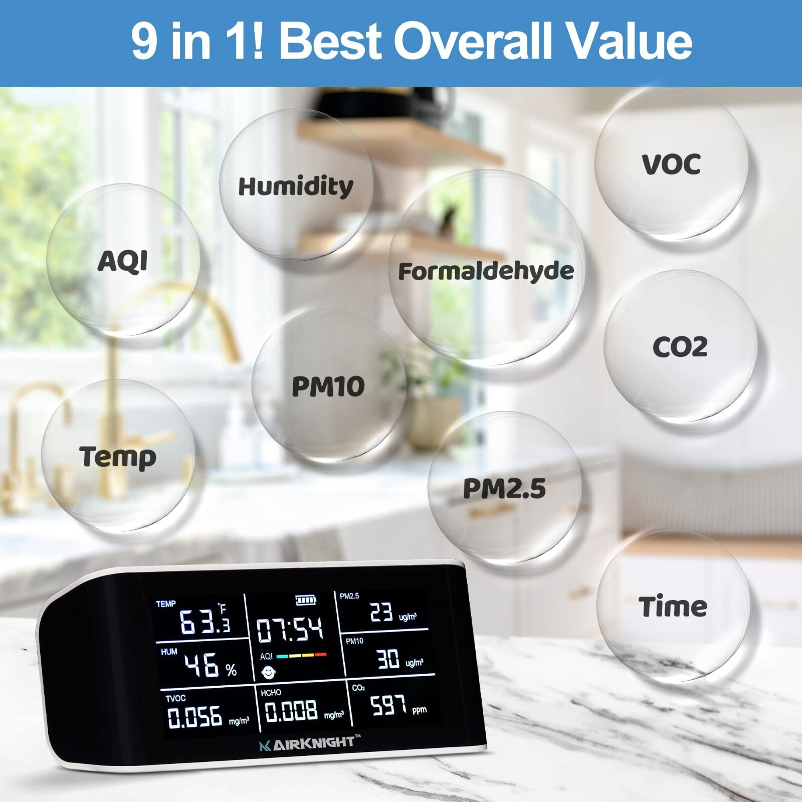 AirKnight 9-in-1 Indoor Air Quality Monitor Indoor Portable CO2 Monitor NEW