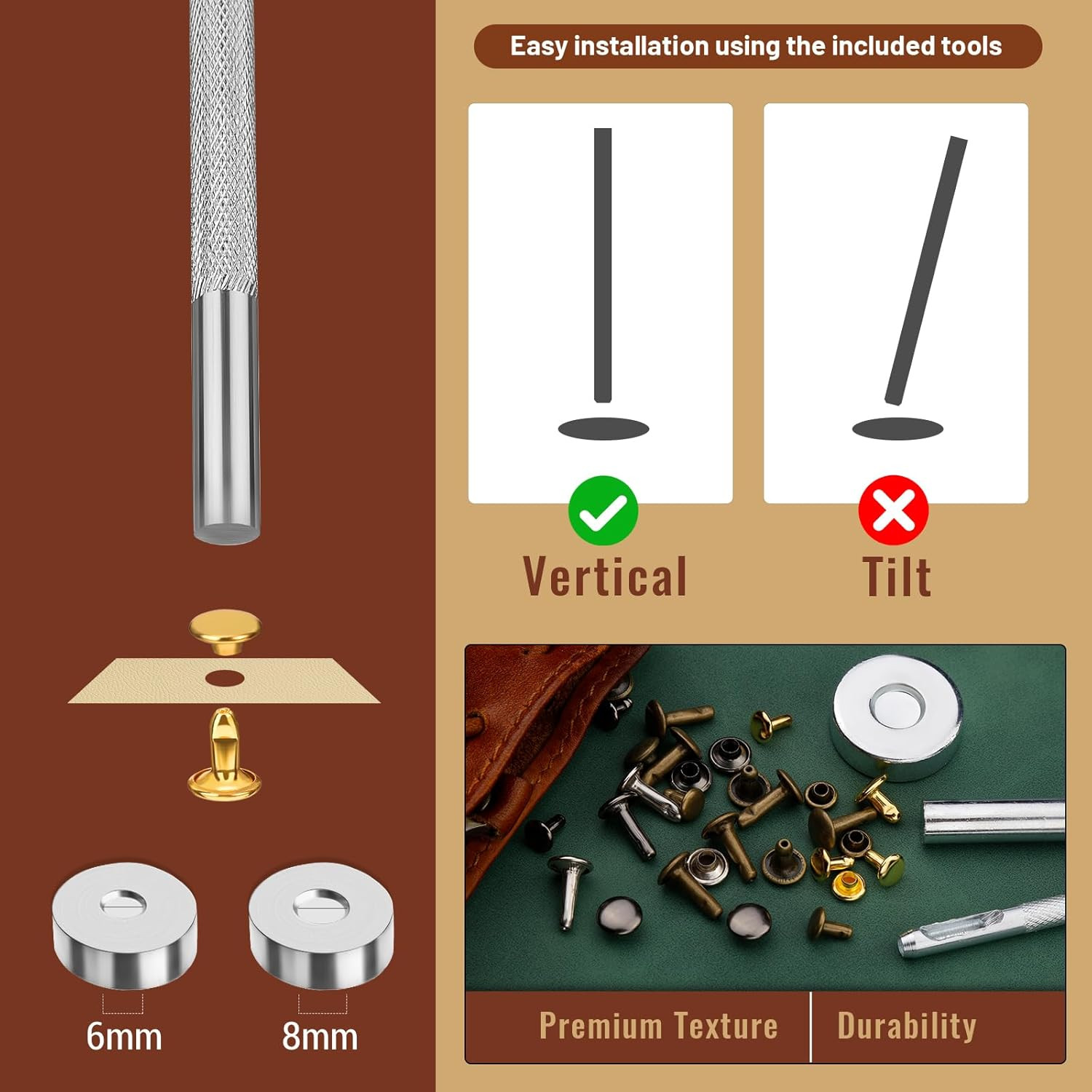 240 Set Leather Rivets, 4 Colors 3 Sizes Double Cap Rivet, Rivets for Leather wi