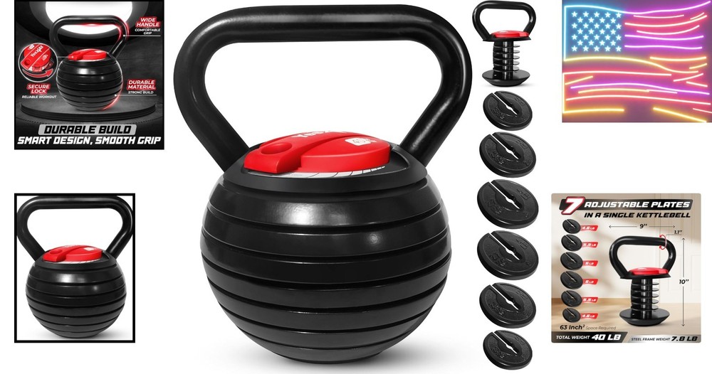 Adjustable Kettlebell Set, 20–40 LB Weight Set, Solid Cast Iron Handle with S...