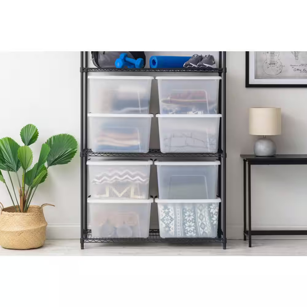 53 Qt./13.25 Gal. Stackable Nesting Storage Tote with Black Latching Clips, Whit