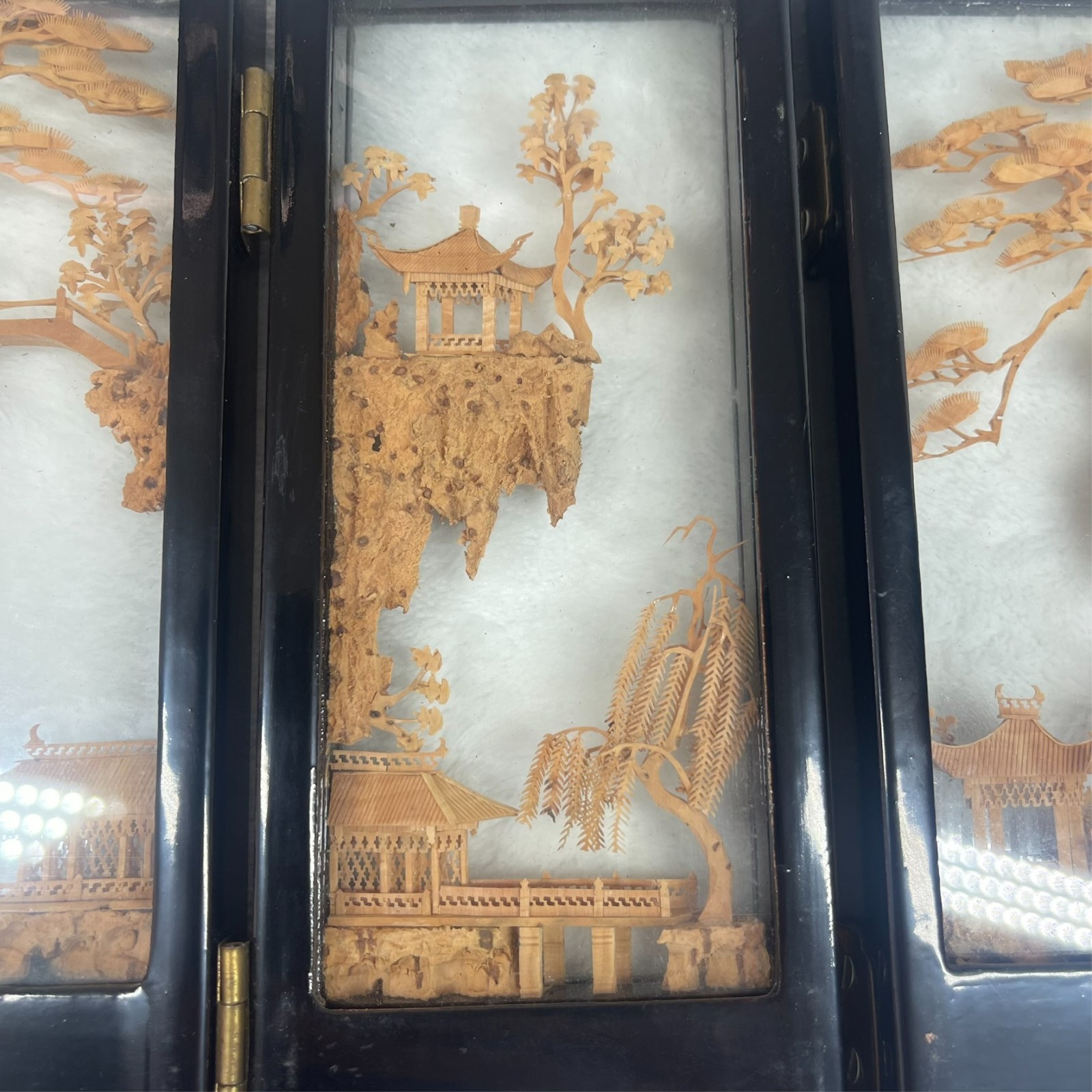 Vintage Chinese Cork Diorama Folding Screen Double Glass Lacquer Wood 4 Panel