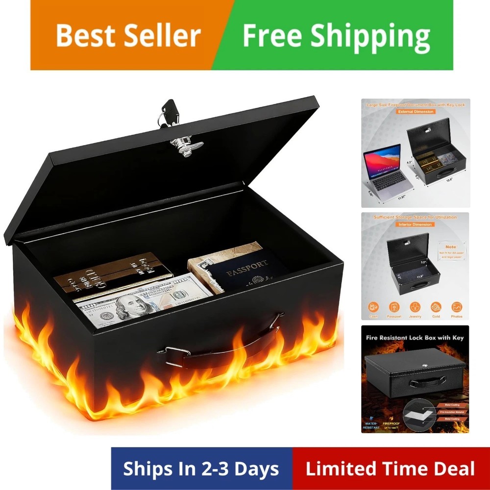 Fireproof Document Box with Key Lock, Small Lock Boxes for Personal Items, Fi...