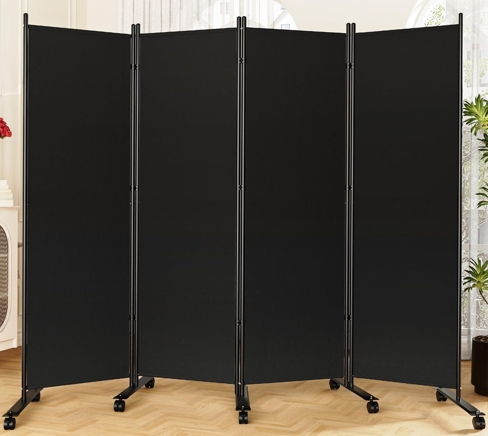 Room Divider 6FT Folding Privacy Screens With Lockable Wheels 4 Panel Room Black