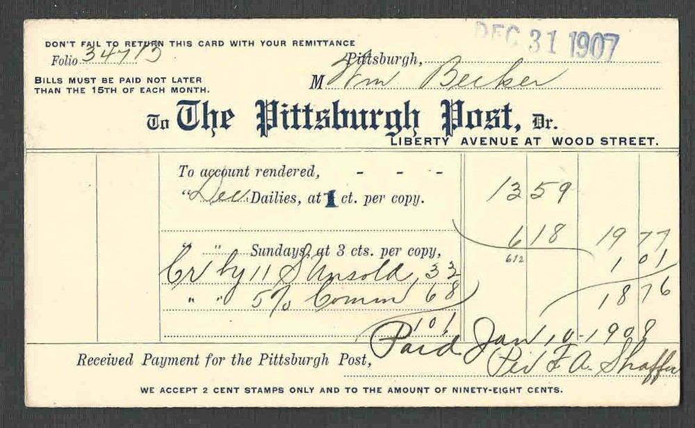 DATED 1907 P C PITTS PA POST BILL FOR PAPERS