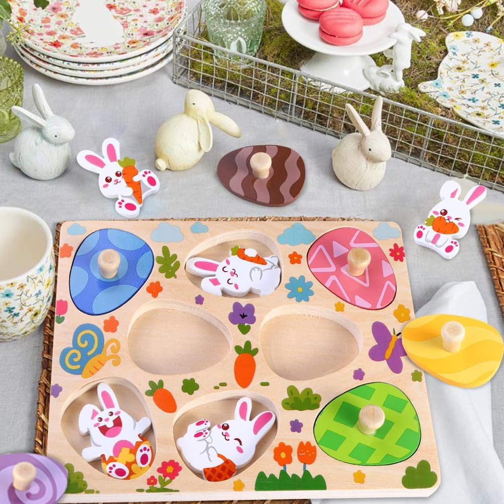 Easter Wooden Pegged Puzzles 8Pcs Bunny Matching Egg Puzzles Easter Montessori T