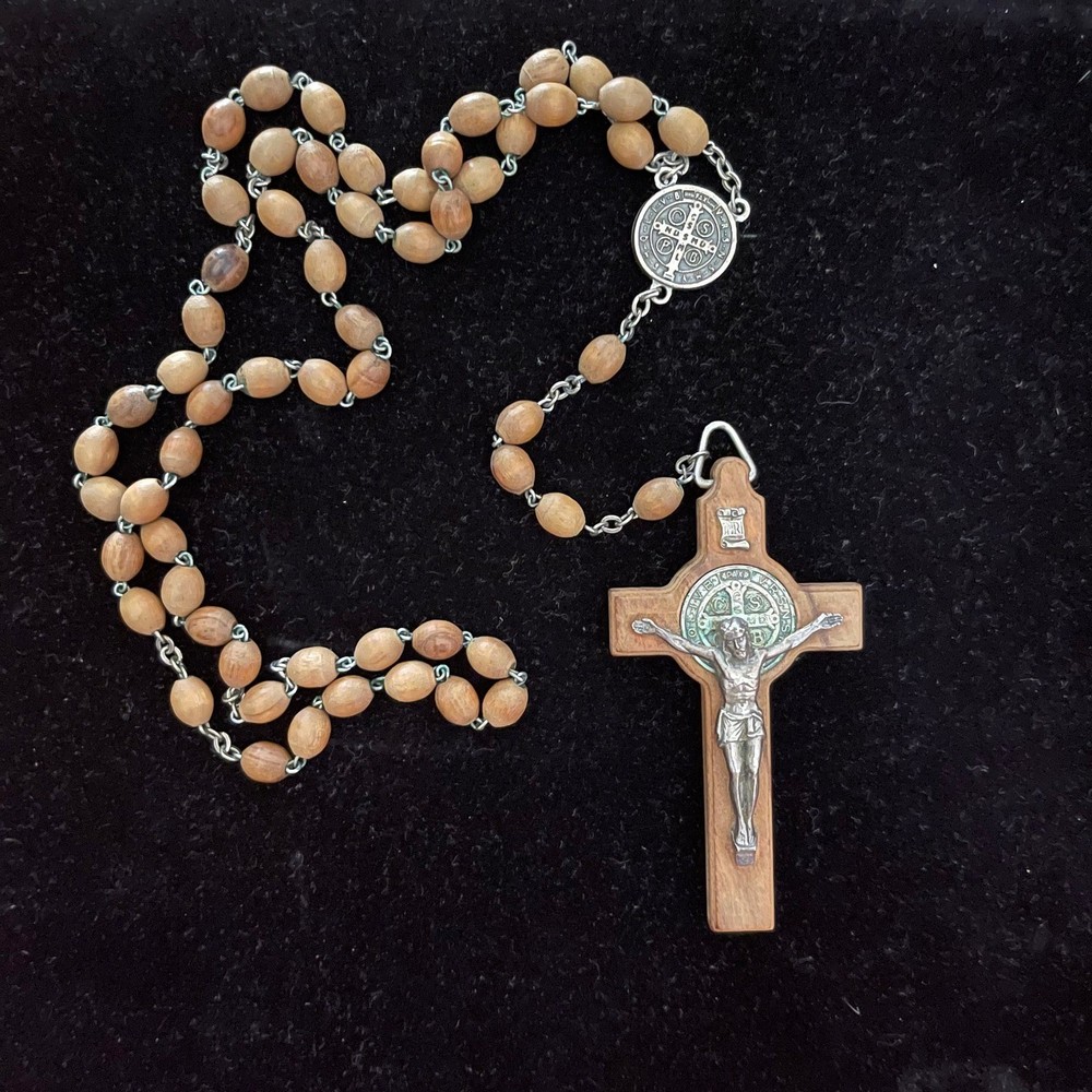 Vintage Olive Wood Rosary St Benedict Beads Necklace Icon Gothic