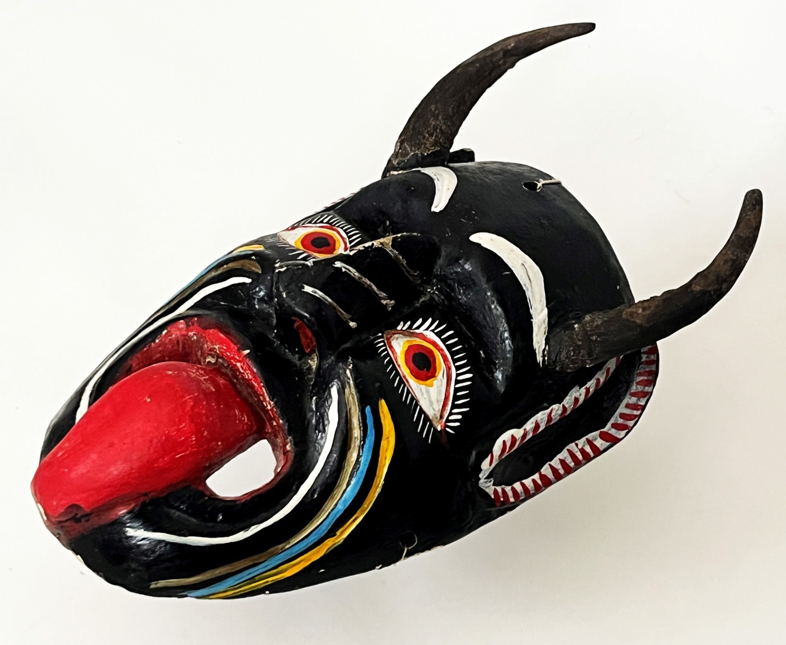 MEXICAN FOLK ART CARVED WOOD BLACK HORNED DIABLO DEVIL DEMON DANCE MASK 14 x 8"