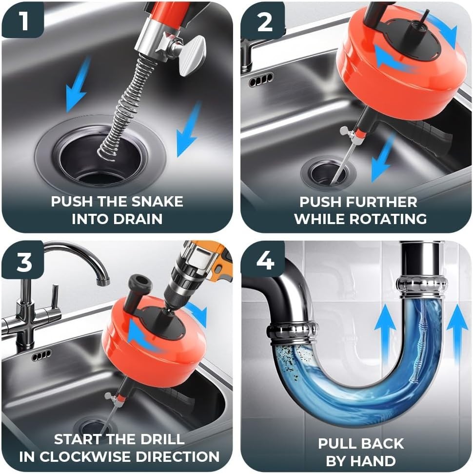 User-Friendly 50 FT Drain Snake with Video Instructions & Drill Attachment