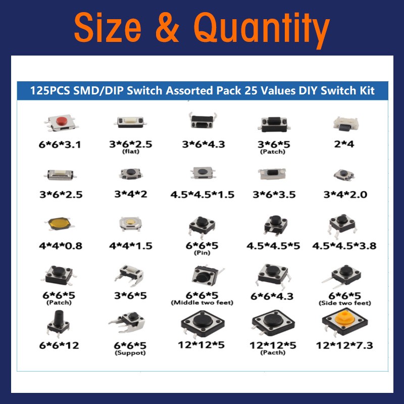 125/140PC Micro Momentary Tactile Switch SMD & DIP Touch Push Button Tact Switch