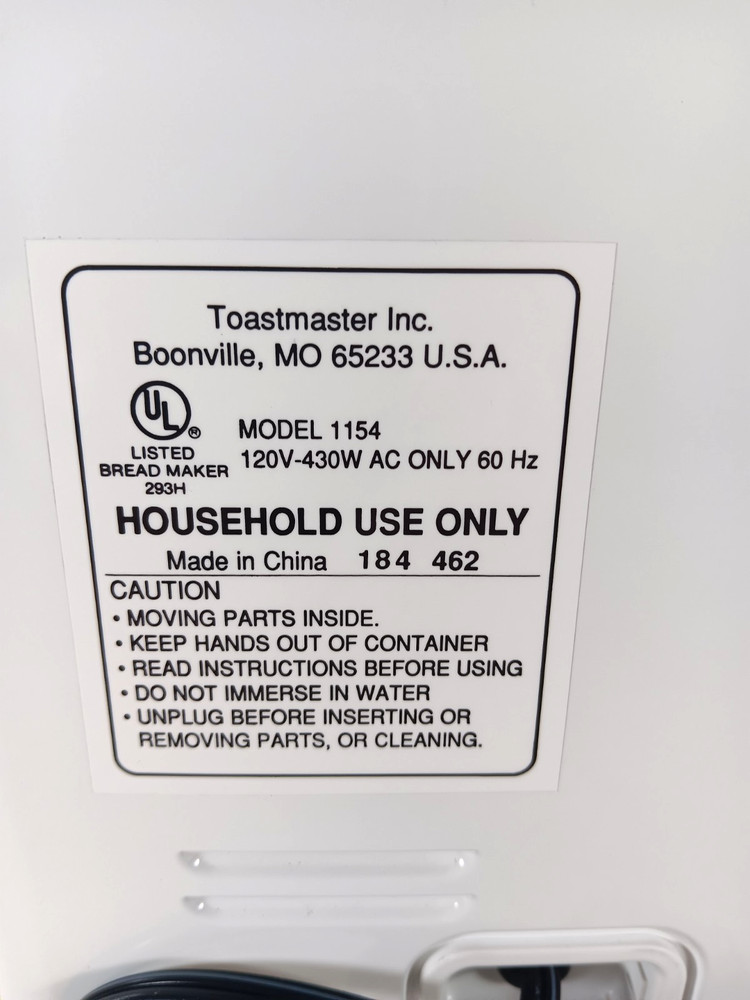 Toastmaster Bread Box Automatic Bread Maker 2 Lb Model 1154
