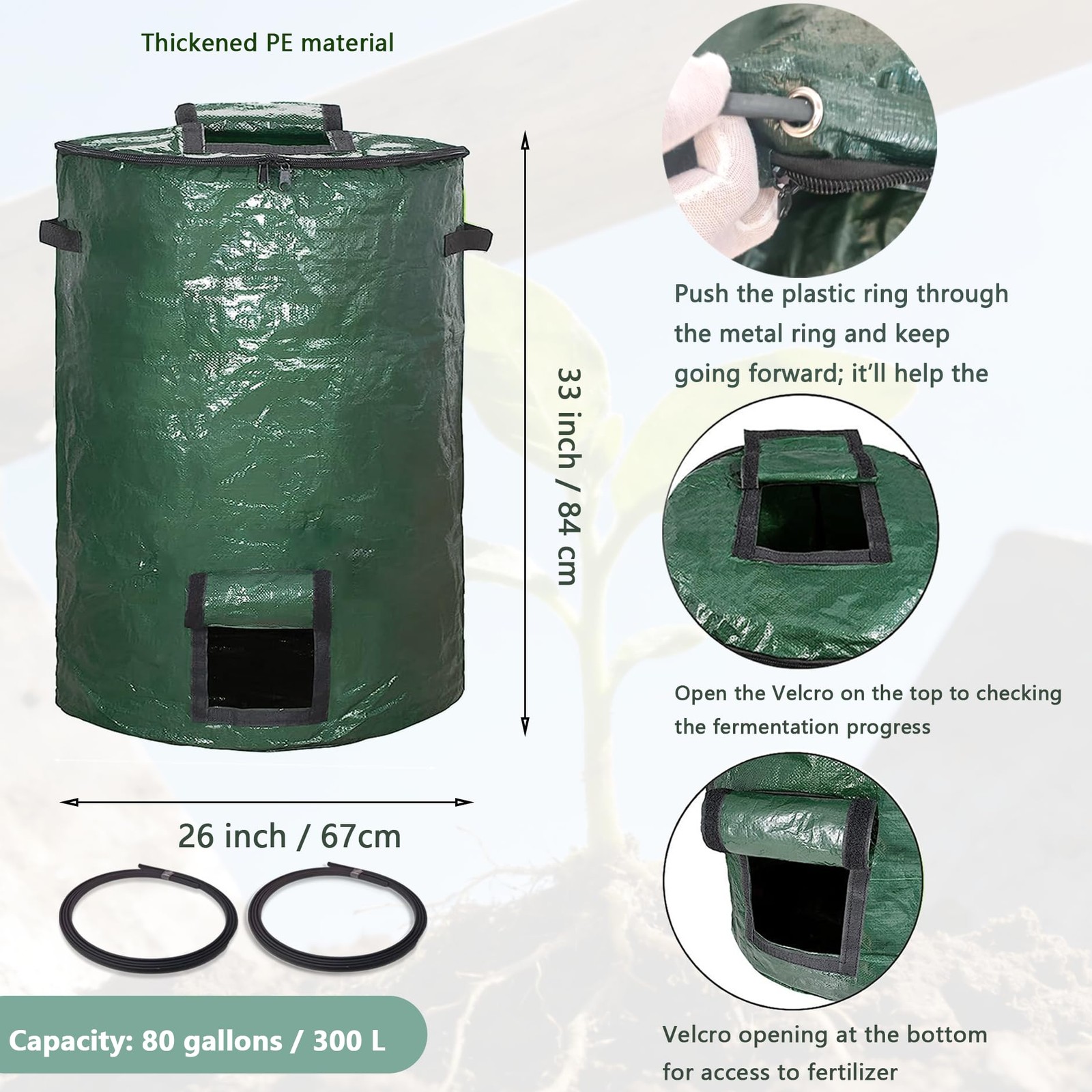Large Compost Bin Bags,Garden Bags 80 Gallon(300L) Green 2pcs