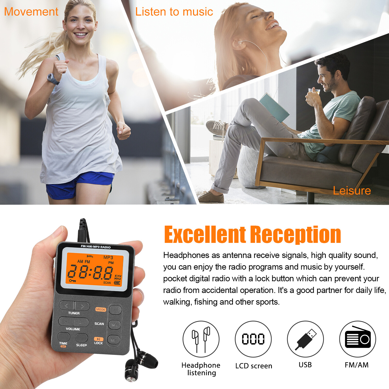 Portable Pocket Digital LCD AM FM Radio Stereo MP3 USB Rechargeable w/Earphones