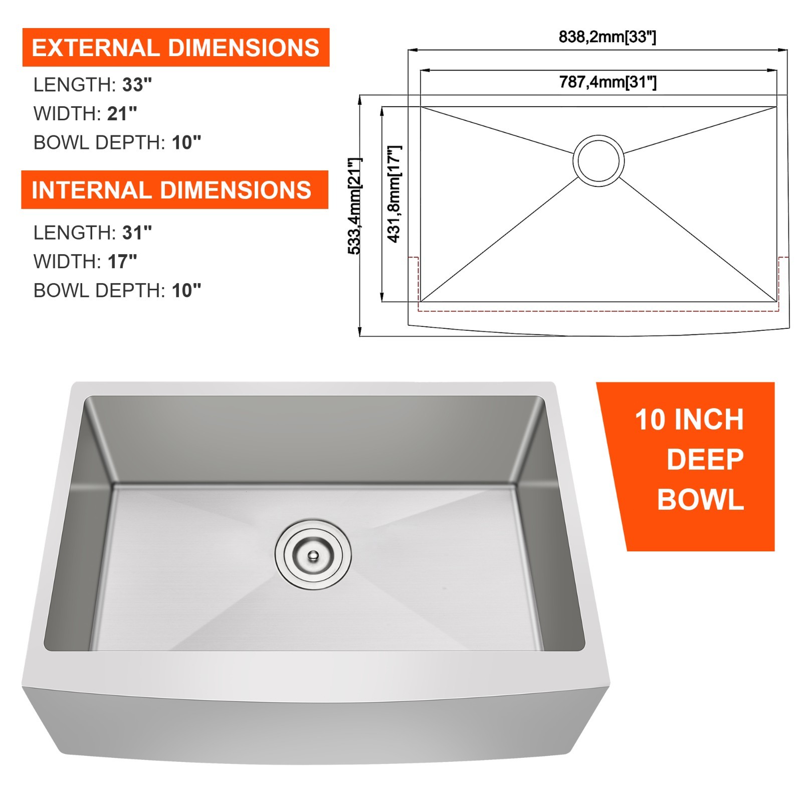 33 Inch Farmhouse Apron Front 16 Gauge Stainless Steel Kitchen Sink