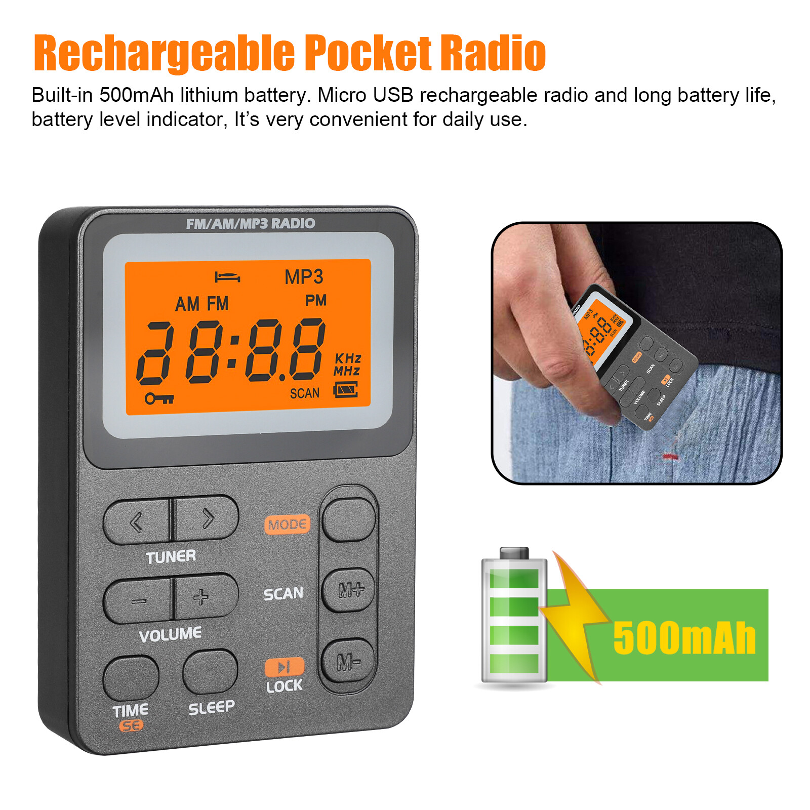 Portable Pocket Digital LCD AM FM Radio Stereo MP3 USB Rechargeable w/Earphones
