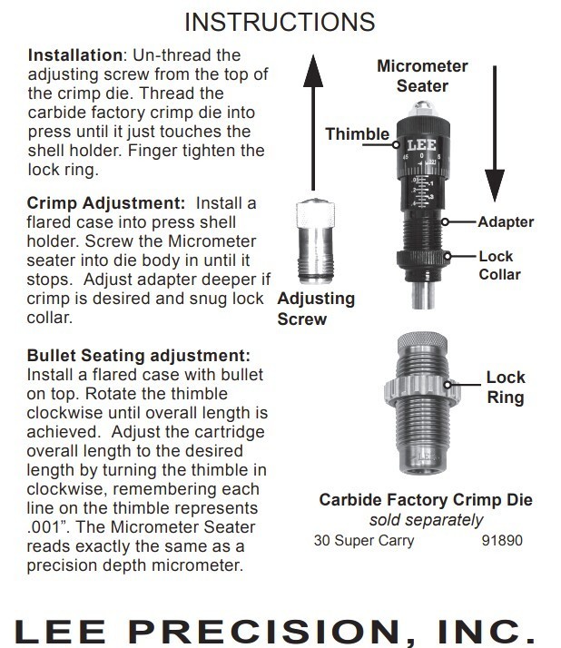 Lee 92128 Carbide Factory Crimp Micrometer Seater Adapter 380 9mm 40 S&W 10mm