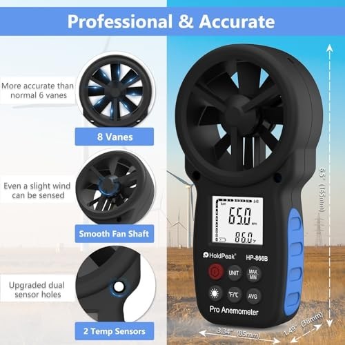 Handheld Digital Anemometer Wind Speed Meter - Measures Wind Speed, Temp & Chill