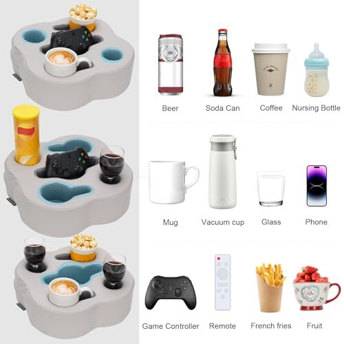 Couch Cup Holder Pillow, Sofa Organizer Caddy Bed Refreshment Tray for PUGrey