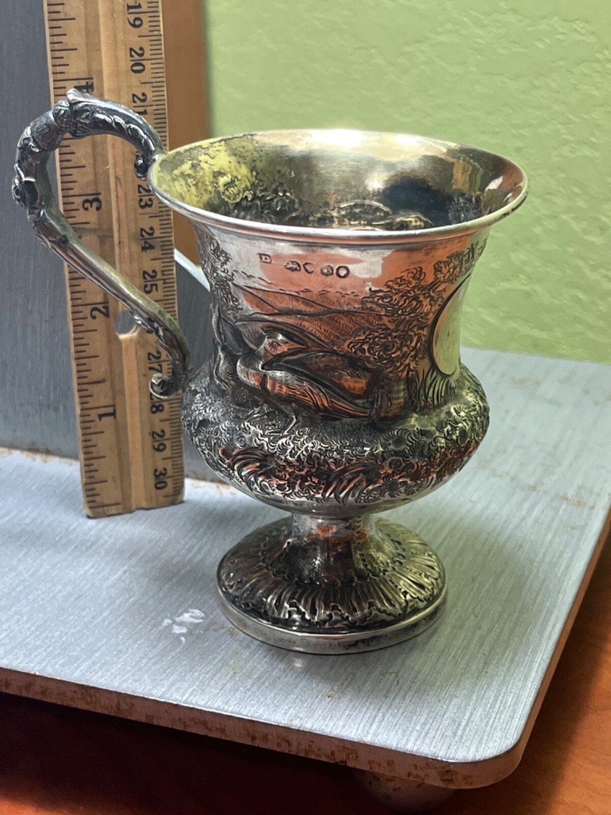 1837 English Sterling Silver Christening cup mug hunting pheasants bird repousse