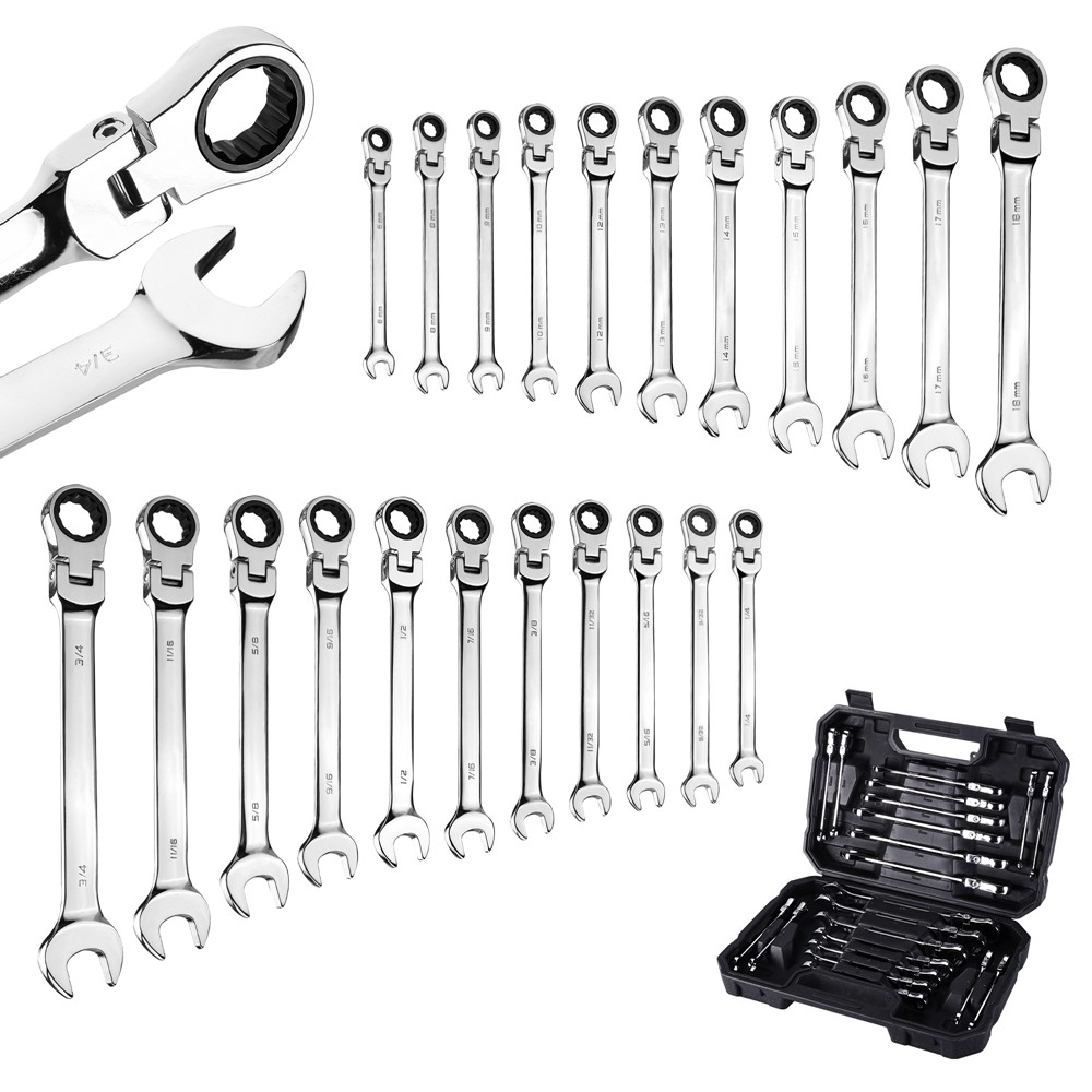 22-Pieces Ratcheting Flex-Head Combination Wrench Set Metric 6-18mm&SAE 1/4-3/4"