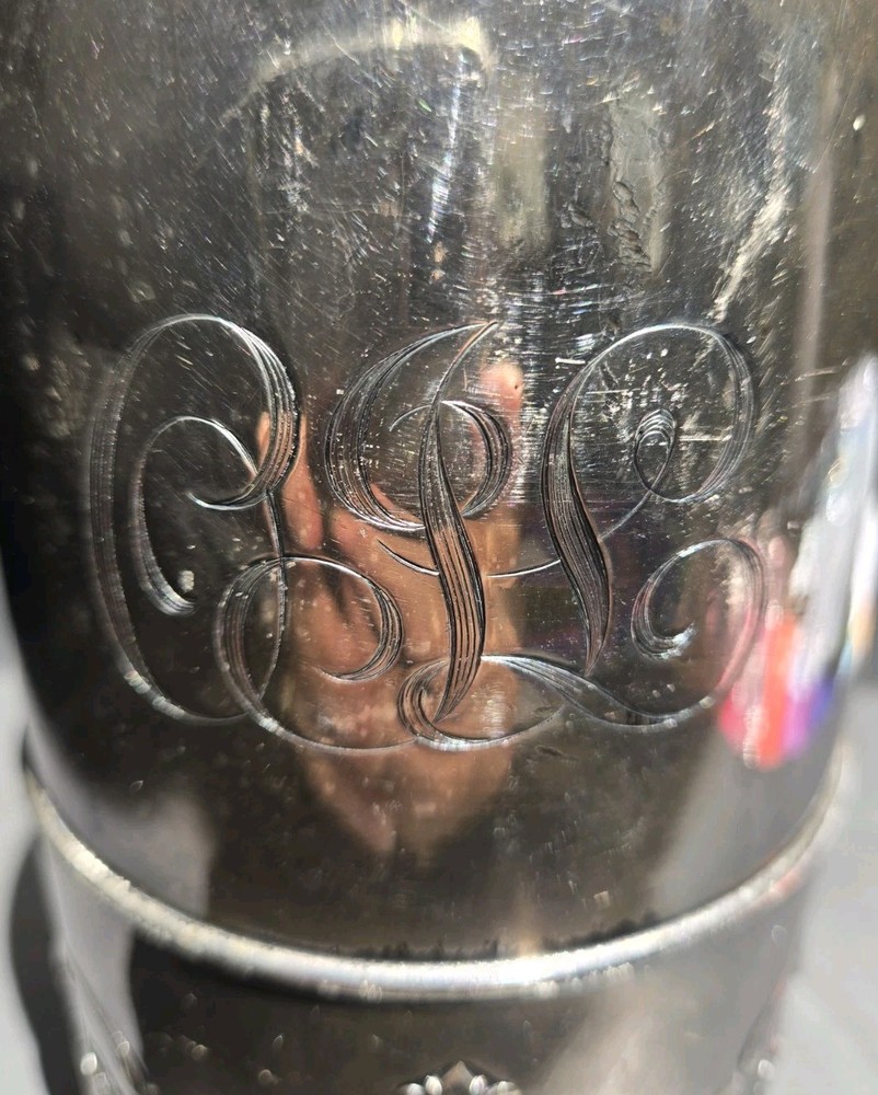 Wilcox International Silver Company silverplate engraved decanter with handle