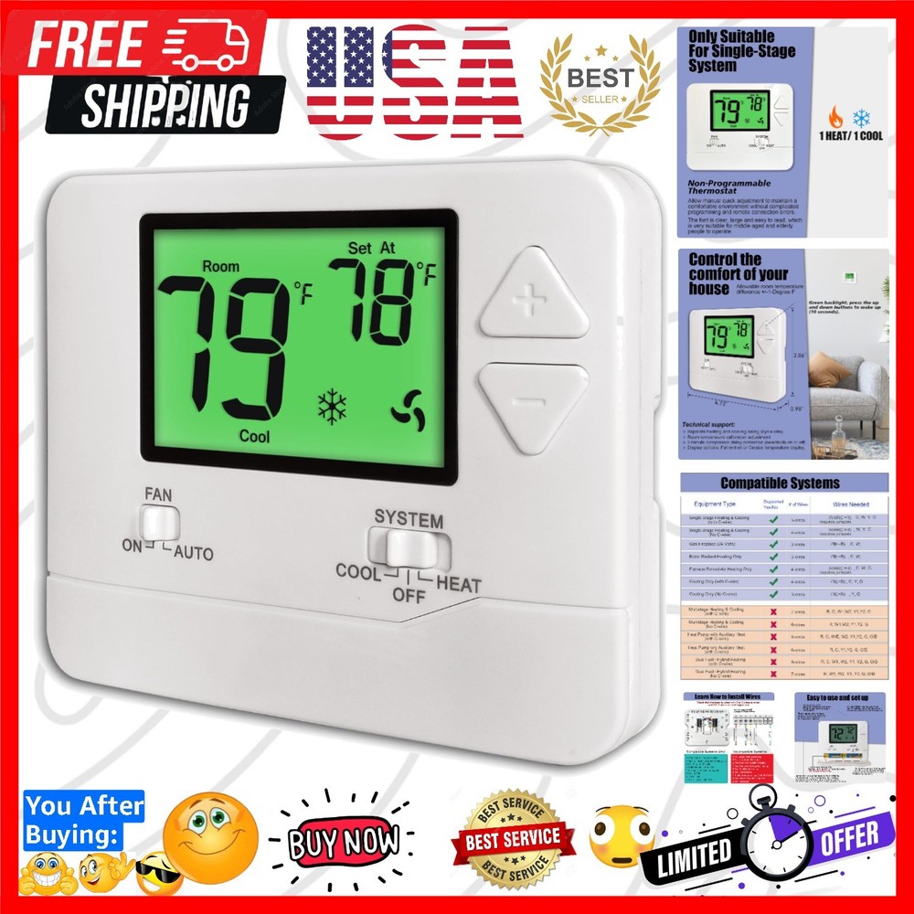 Non-Programmable Thermostats for Home Conventional Single-Stage Systems, up t...