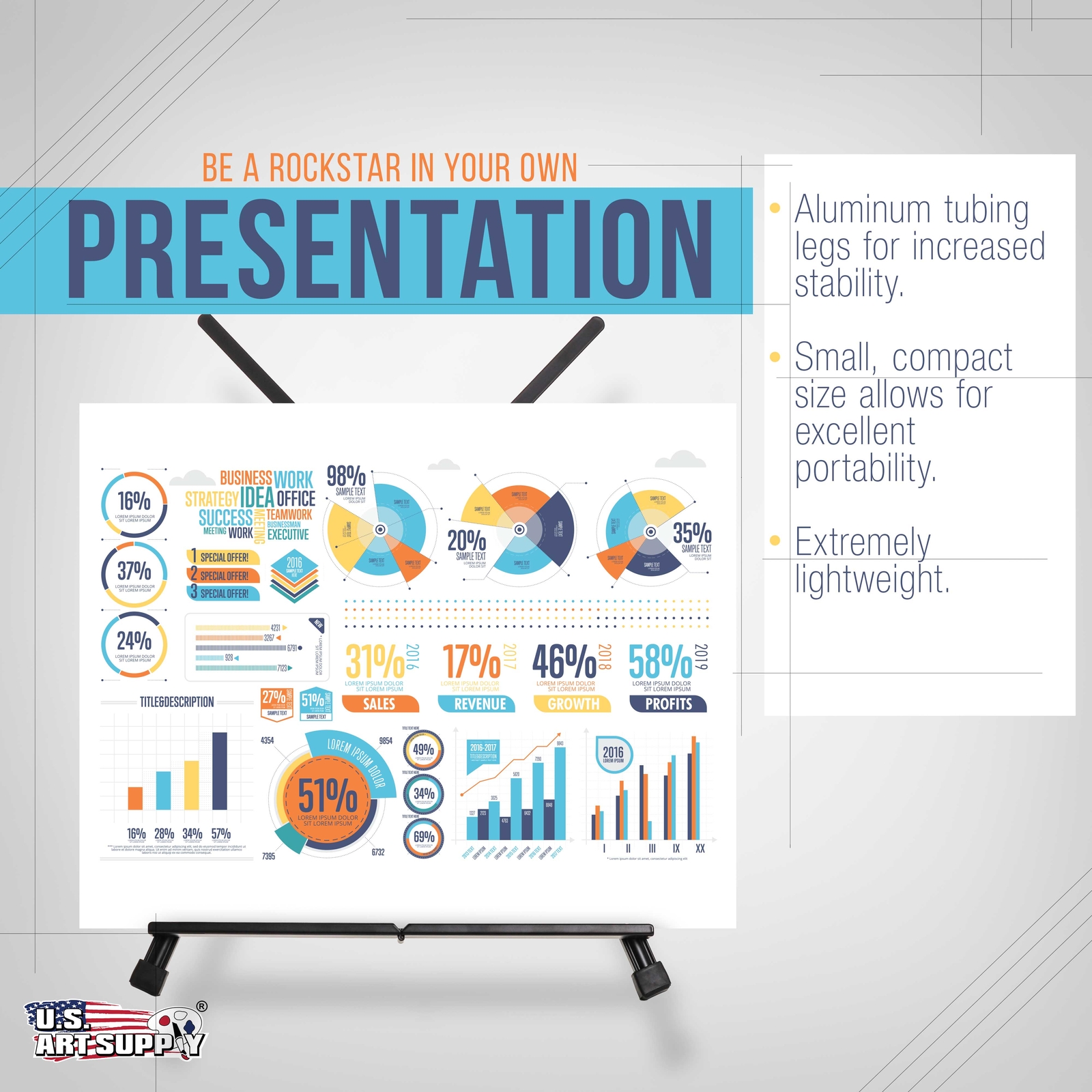 15" to 21" Black Aluminum Tabletop Display Easel with Arms, Artist Tripod Stand