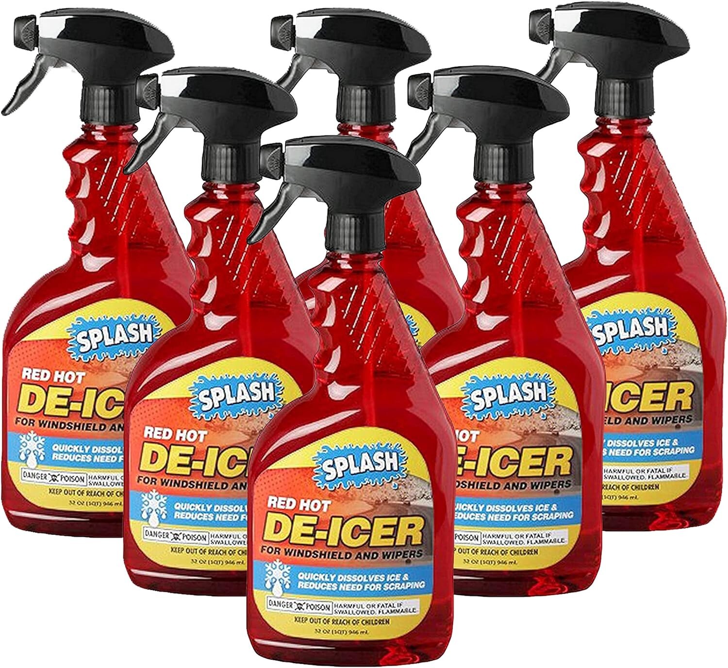 SPLASH Red Hot De-icer Windshield and Wipers Trigger Spray 32 Ounces - 6 Pack