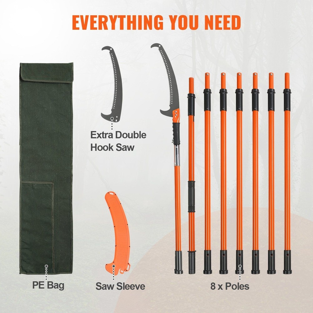 8-Segment Extendable Pole Saw 7.3–27ft, Lightweight 11lb, Hooked Carbon Blade