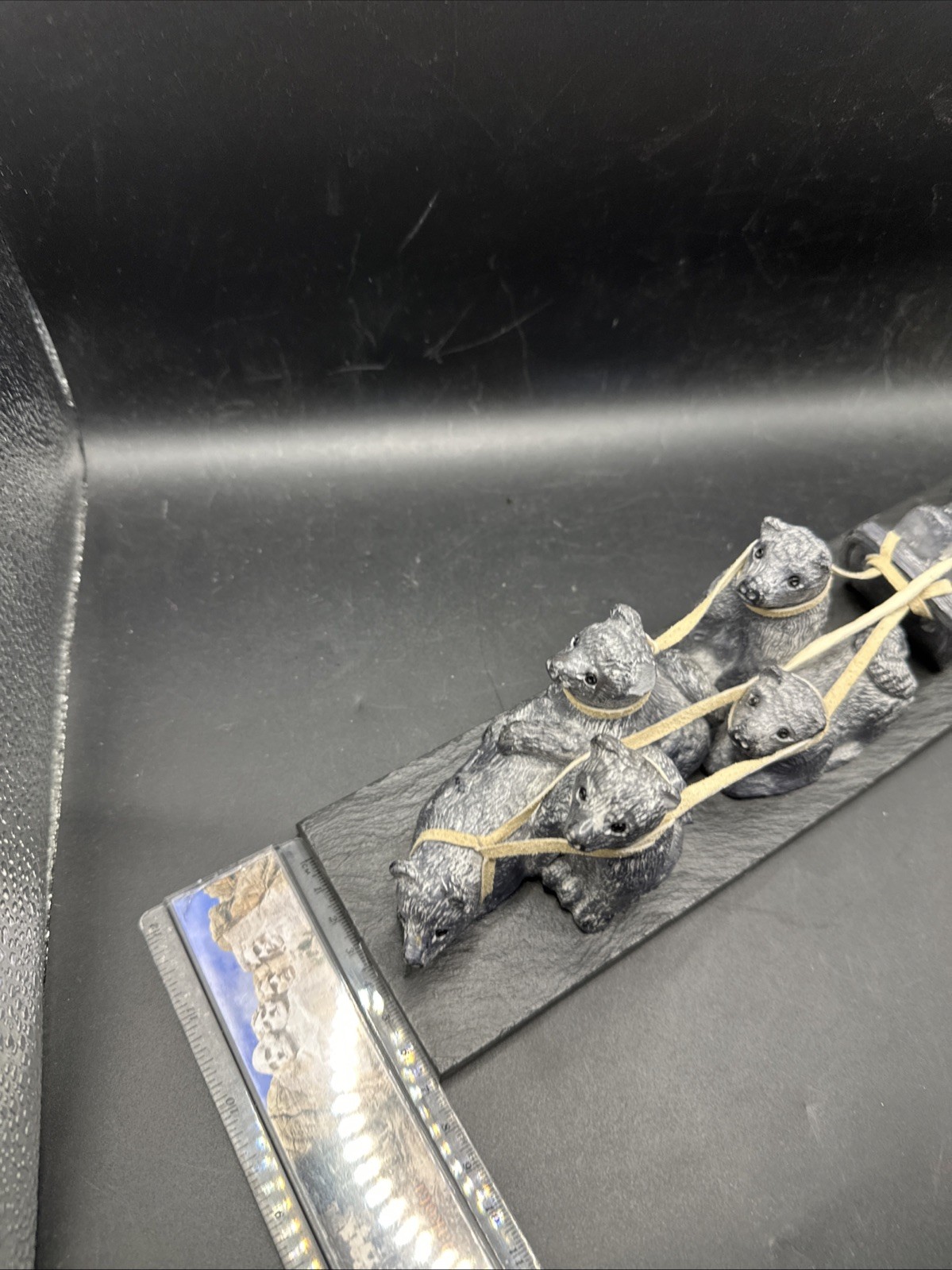 DAMAGED Carved Soapstone Sculpture Eskimo Inuit Dog Sled Slate Base