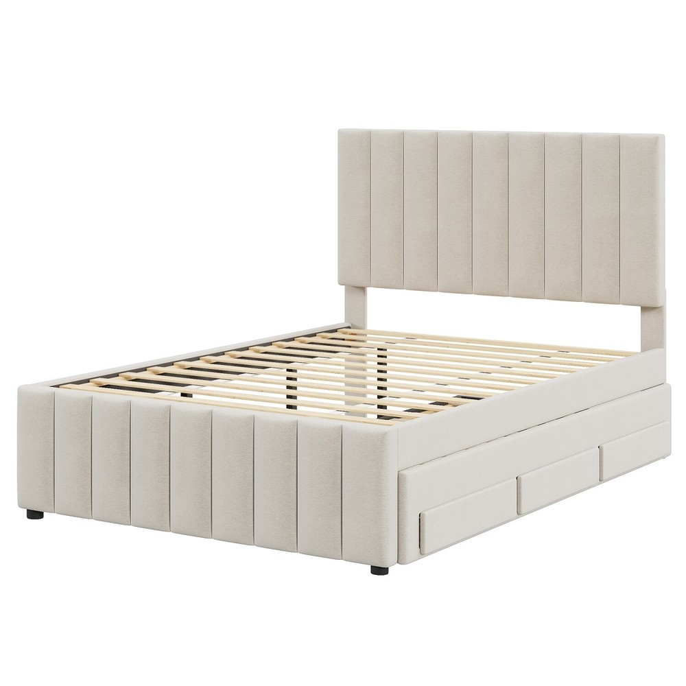 Full Size Bed Frame Upholstered Platform Bed w/ Pull Out Trundle & 3 Drawers