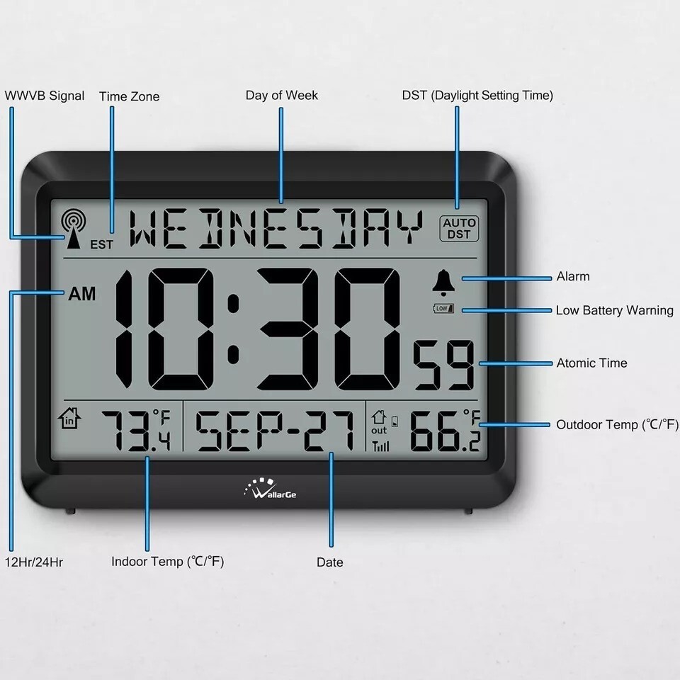 Atomic Clock With Indoor Outdoor Temperature, Self-setting Digital Wall