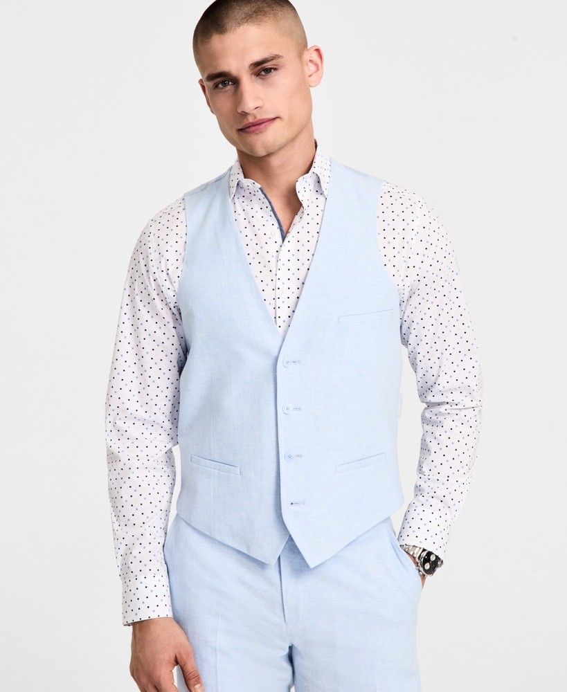 Bar Iii Mens Slim fit Button-Up Suit Vest Medium Light Blue Solid Stretch