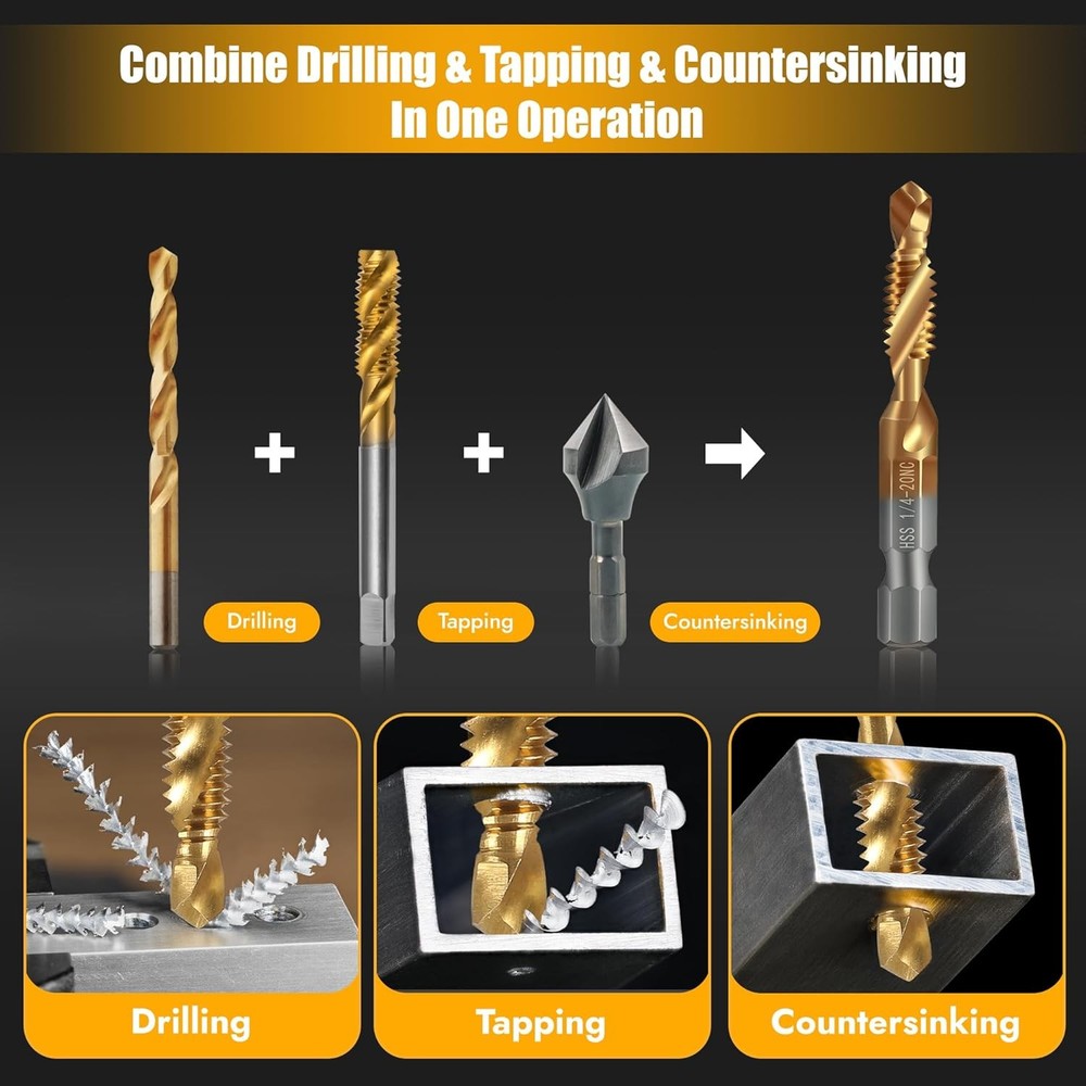 6 Pack Combination Drill and Tap Set, Professional HSS Titanium Thread Tap Drill