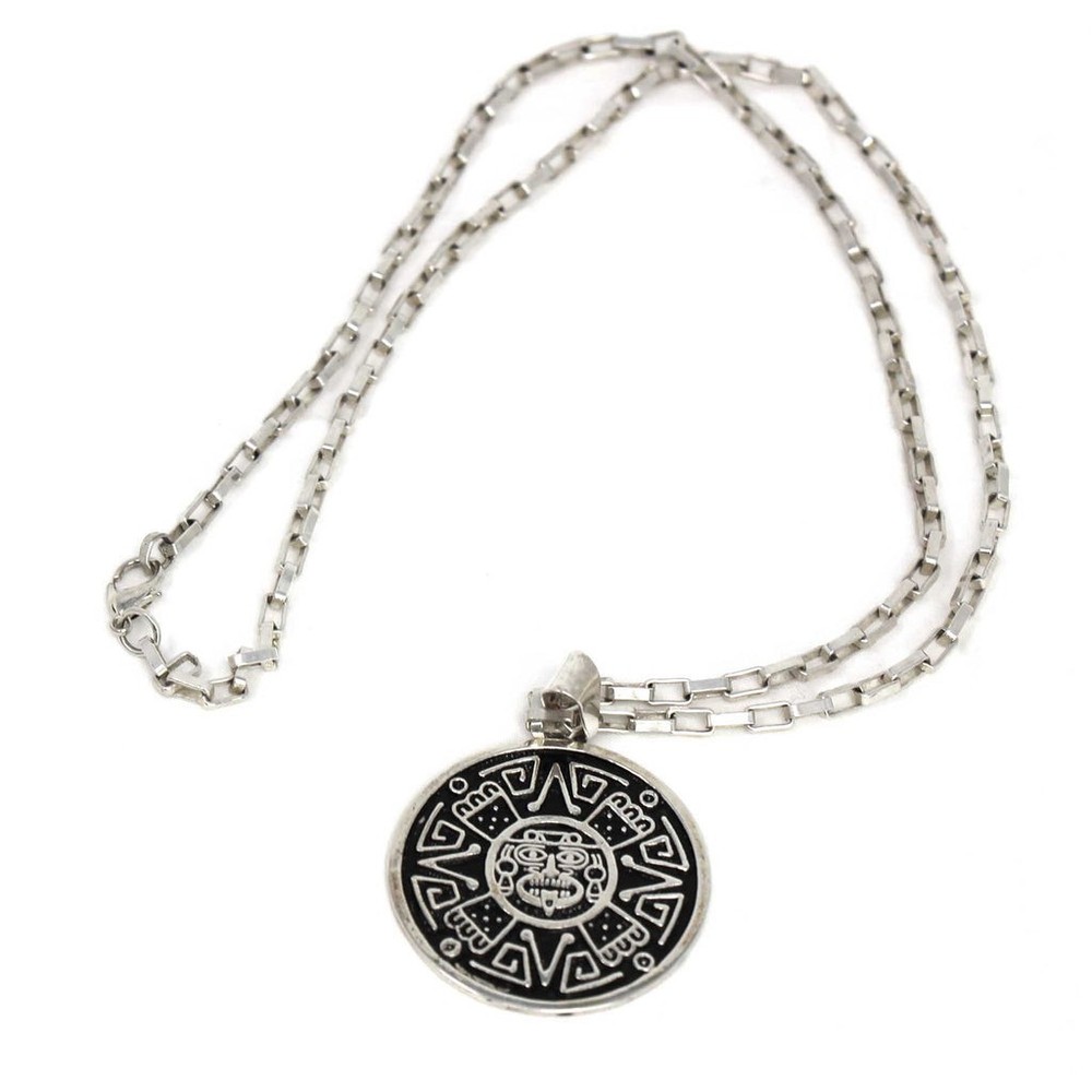 Alpaca Silver Aztec Face Pendant with Chain