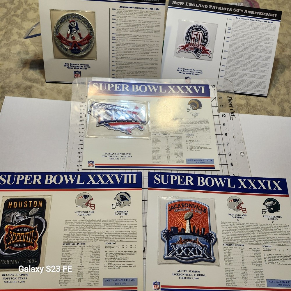 NEW ENGLAND PATRIOTS VINTAGE PATCHES (5) 25TH & 50TH ANNIV + SUPER BOWLS