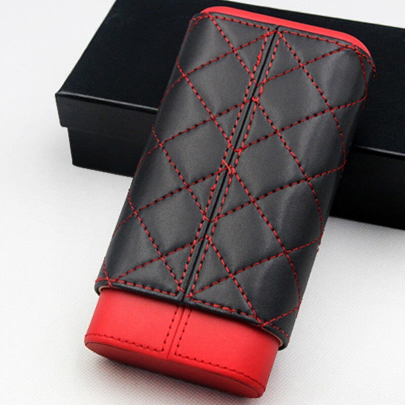 Portable Red Black Leather Cedar Wood 3 Ct Cigar Case Holder Travel Humidor