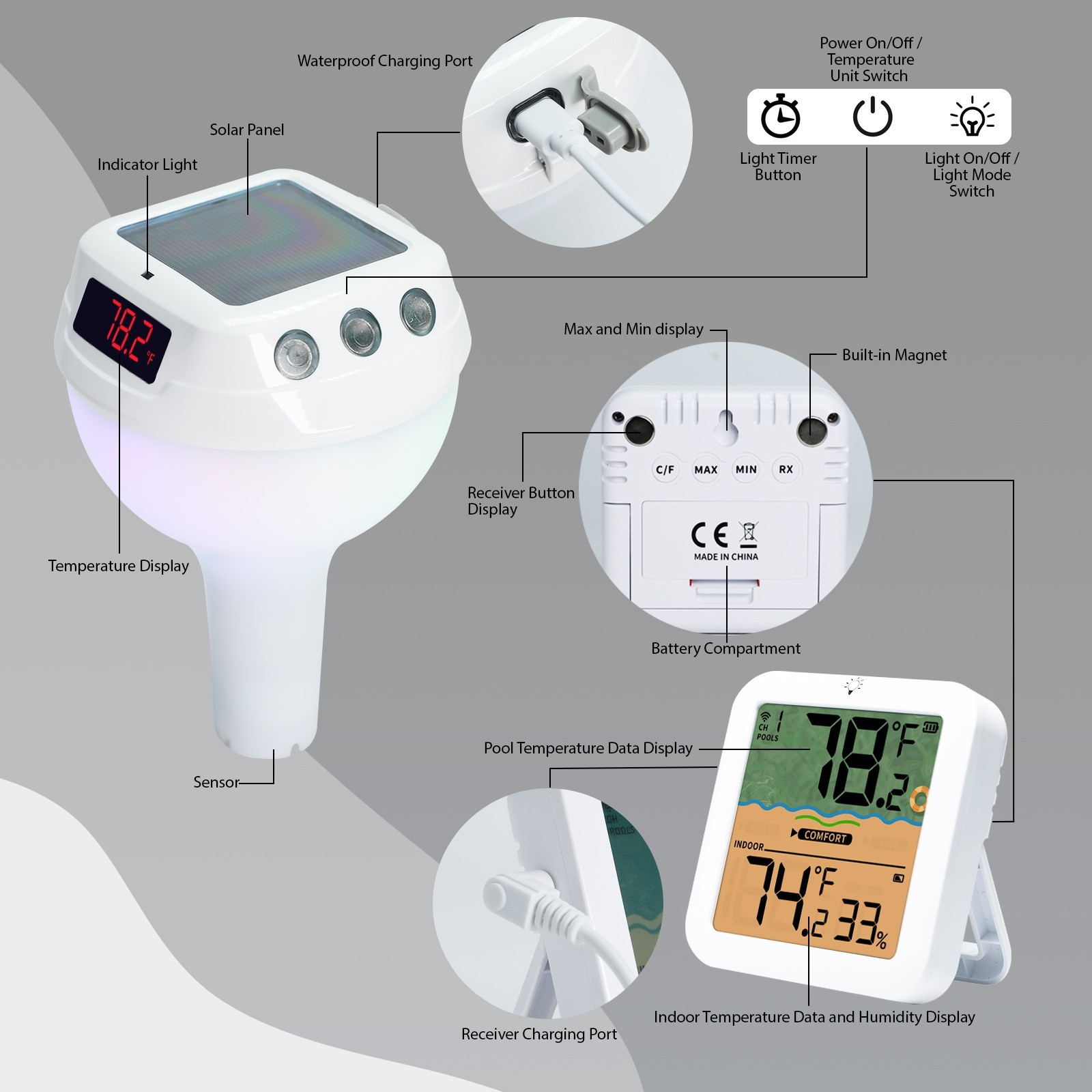ILTH-518 Solar Wireless Pool Thermometer RGB IP68 Floating with Receiver