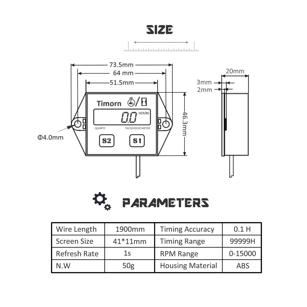 Tachometer for Small Engine,Inductive Hour Meter for 2 Stroke & 4 Stroke Small E