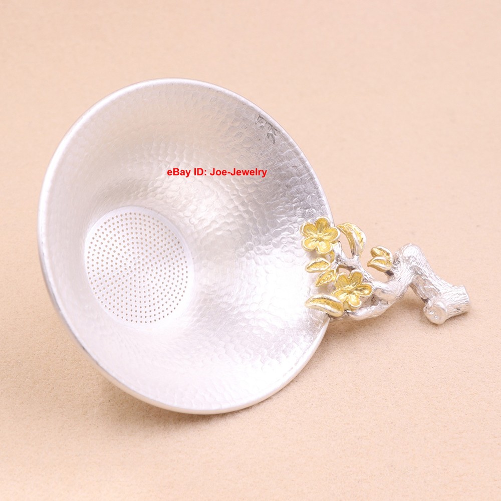 Solid 999 Fine Silver Tea Strainer Plum Blossom Handle Infuser for Leaf Tea