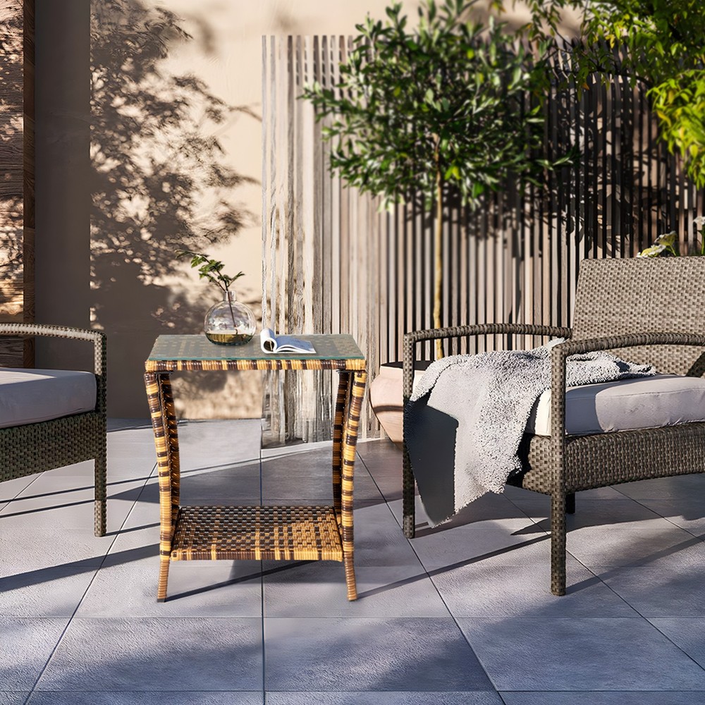 Glass Surface Yellow Gradient Iron Frame Rattan Side Table