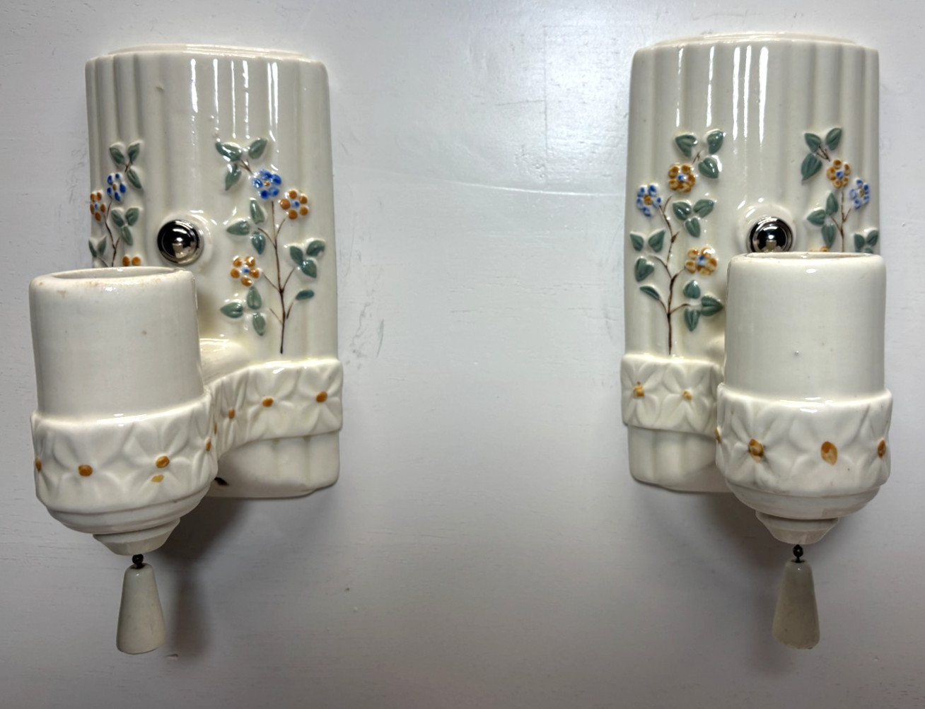 Vtg Porcelain Wall Sconce Pair Bathroom Light Fixture Floral Art Deco USA #L58