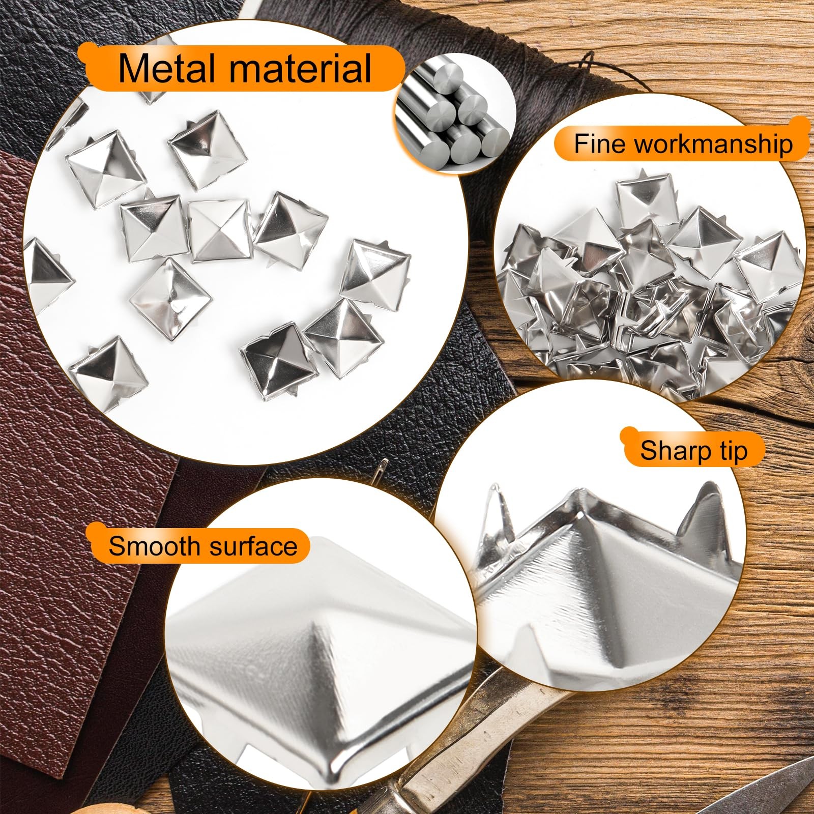 1000 Pcs 10mm Silver Studs for Clothing Four-jaw Square Punk Spikes Pyramid Stud