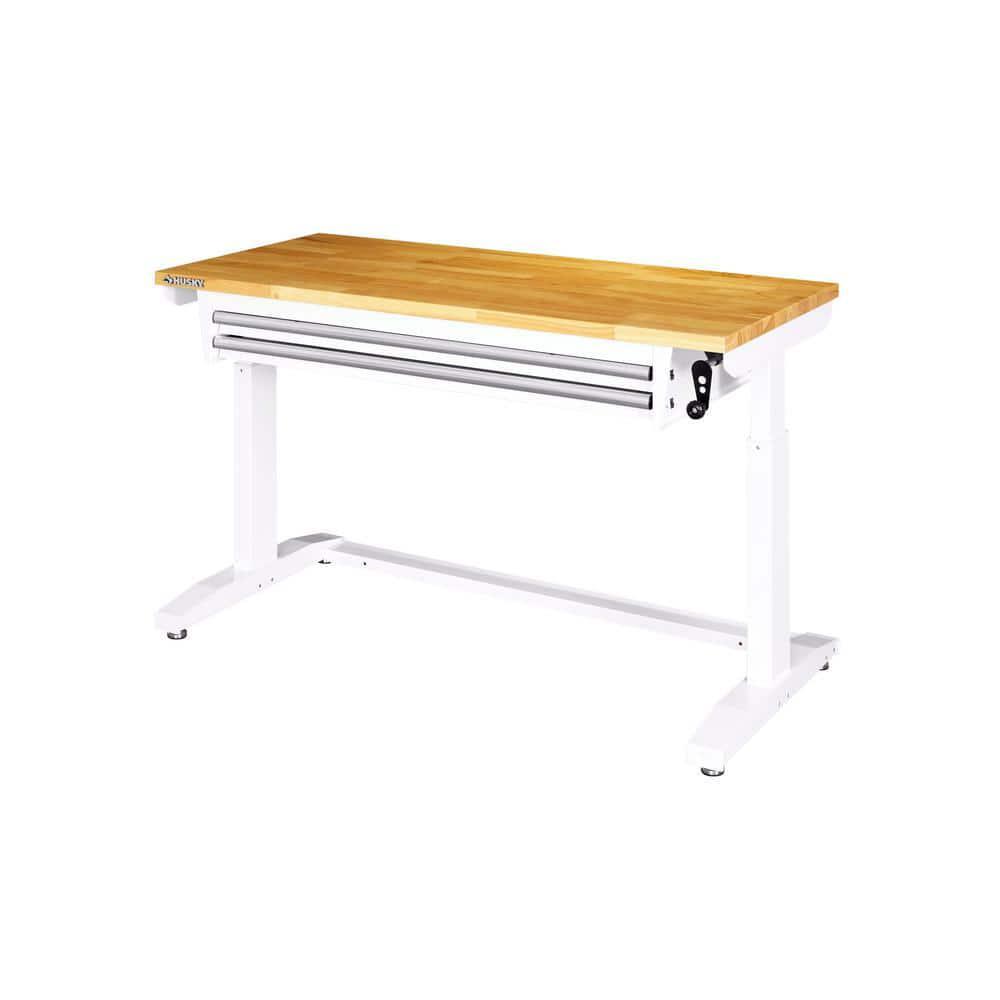 Husky Adjustable Height Workbench Table 52" Solid Wood Top 2-Drawer Steel Frame
