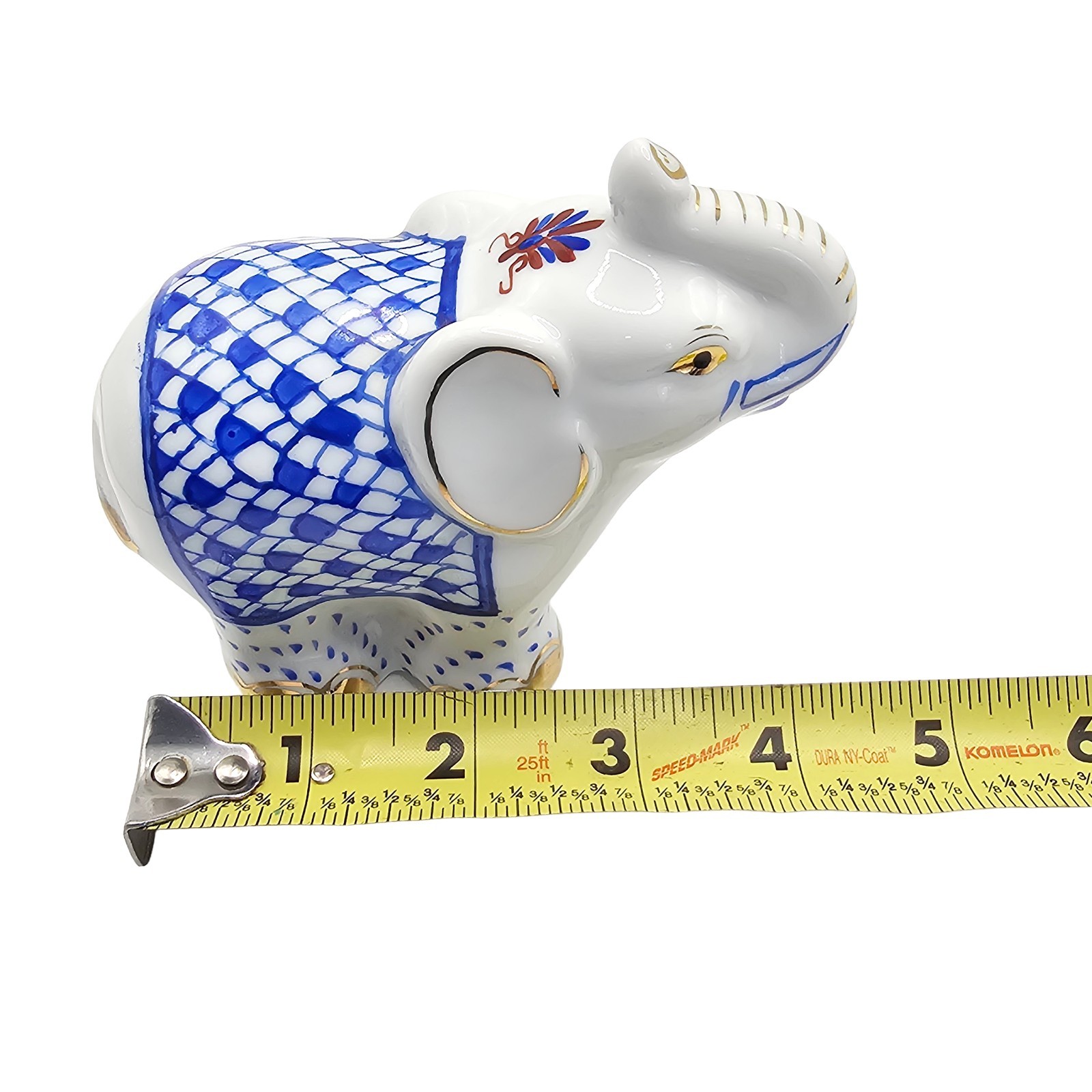 Vintage Blue Fishnet Porcelain Elephant Figurine Gold Accents Trunk Up Lucky 4"