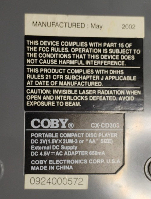 Coby Portable CD Player Dynamic Bass Boost System Works Tested Mo# CX-CD303
