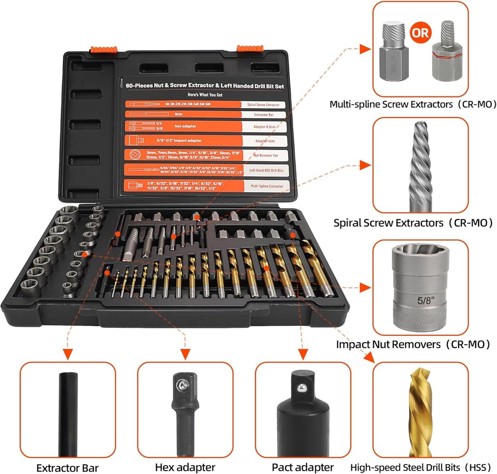 56Pcs Spiral Screw Extractor Set, Left Hand Drill Bit Set with Hex Adapter