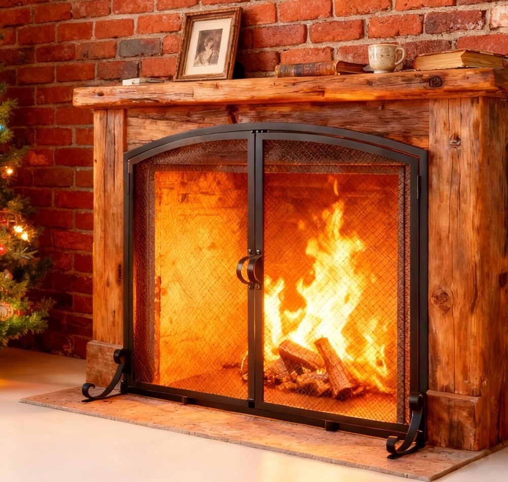 Fire Beauty 2-Pannel Fireplace Screen with Doors, Handcrafted Solid Mesh,Stable