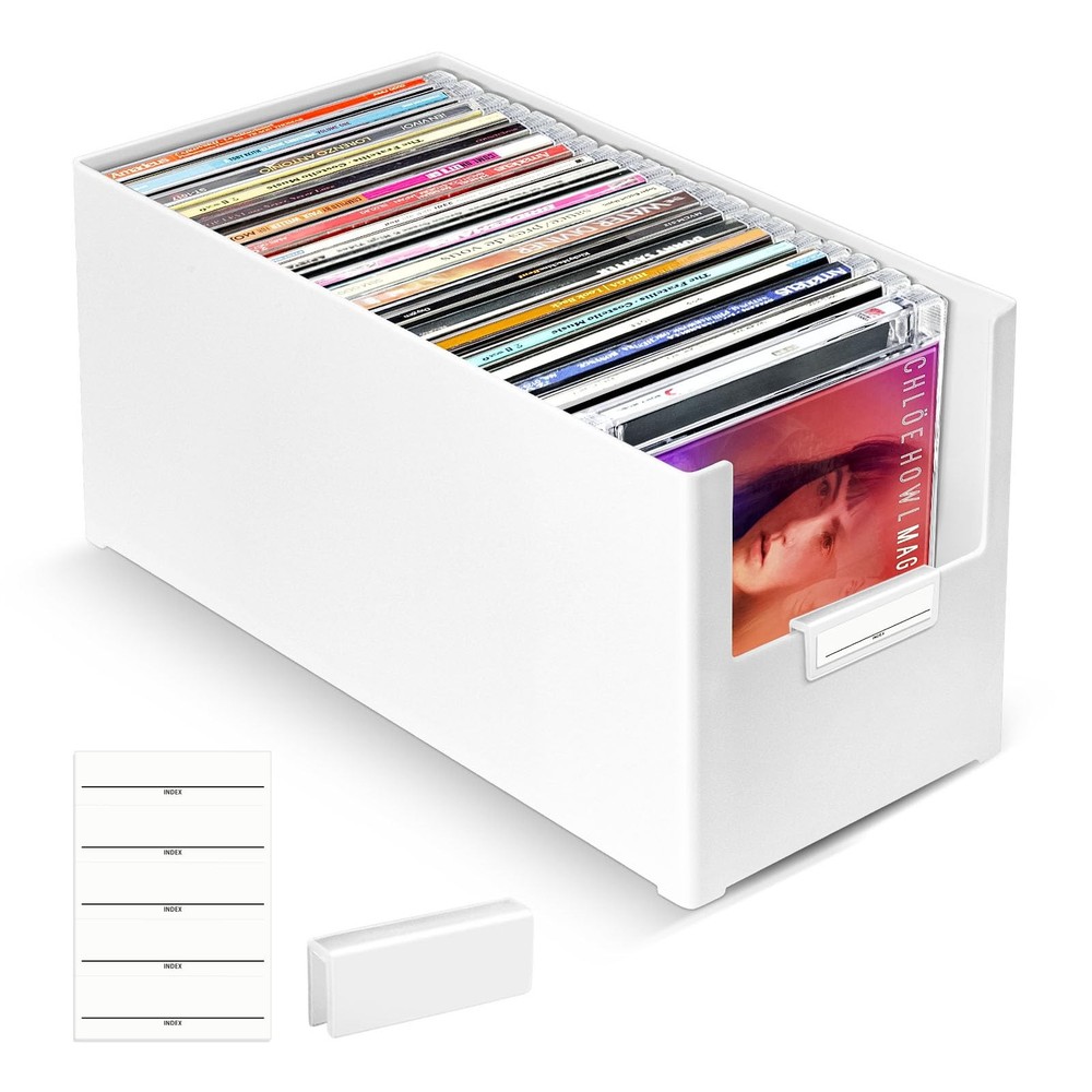 CD Storage Box, Stackable Plastic Organizer, 25 CDs, Case for Desk And Shelf